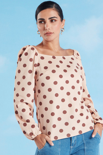 Polka Dot Printed Top with Scoop Neck and Long Sleeves