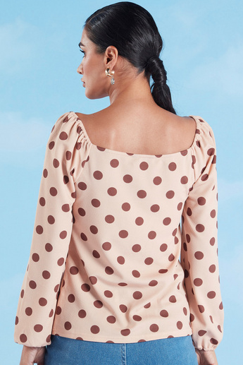 Polka Dot Printed Top with Scoop Neck and Long Sleeves