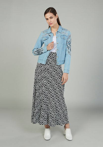 Embroidered Denim Jacket with Long Sleeves and Flap Pockets
