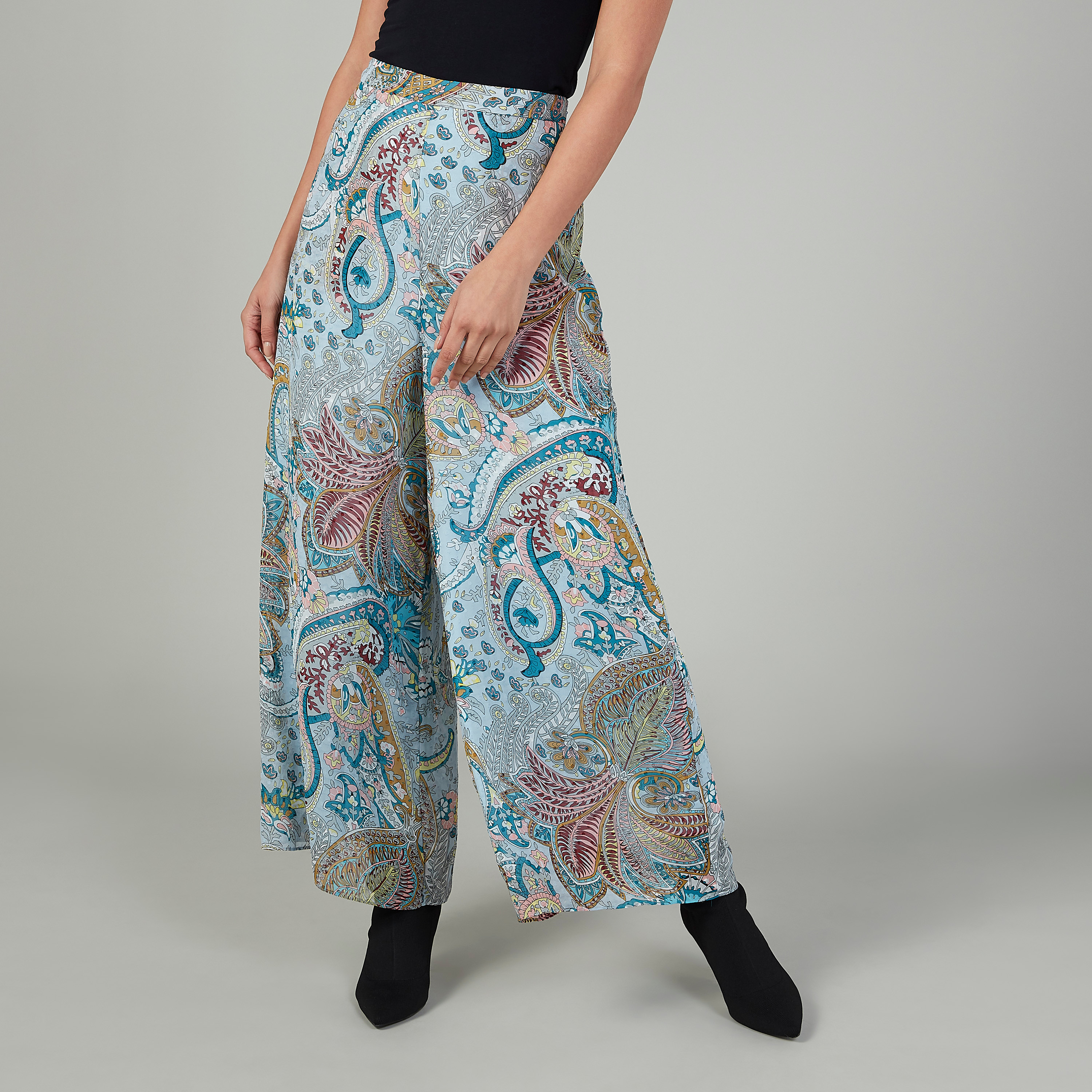بنطلون بالازو سليم بخصر متوسط الارتفاع وطبعات بيزلي-women-clothing-trousers-image-1