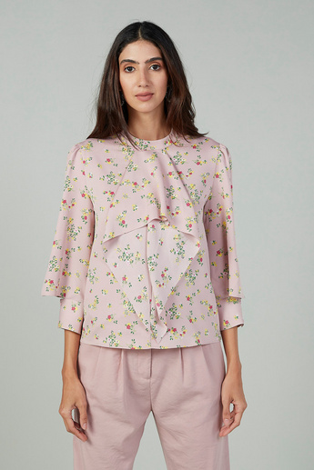 Floral Print Crew Neck Blouse with 3/4 Sleeves