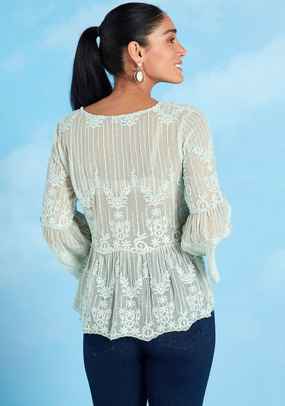 Embroidered Top with Round Neck and Bell Sleeves
