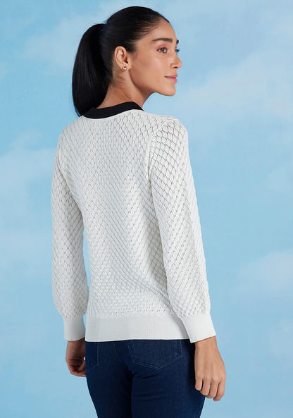 Textured Sweater with Spread Collar and Long Sleeves