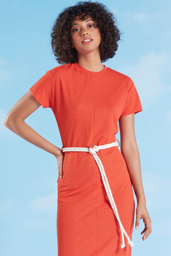 Textured Midi Dress with Short Sleeves and Belt