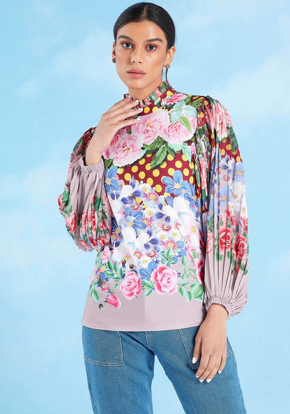 Floral Printed Top with High Neck and Bishop Sleeves