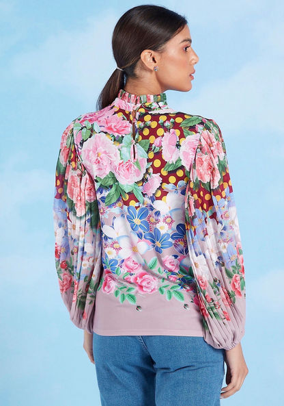 Floral Printed Top with High Neck and Bishop Sleeves