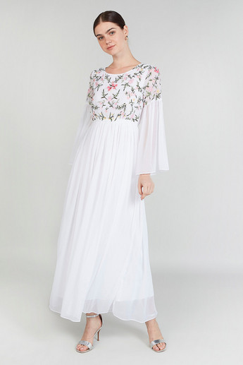 Embroidered Maxi A-line Dress with Flared Sleeves