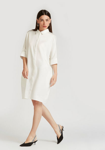 Solid Mini Oversized Shirt Dress with 3/4 Sleeves and Pocket Detail