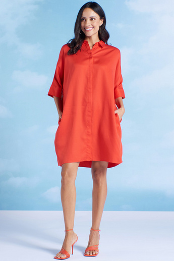 Solid Mini Oversized Shirt Dress with 3/4 Sleeves and Pocket Detail