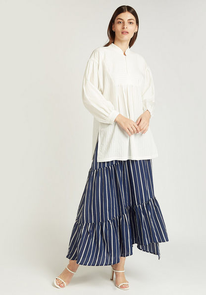 Striped Midi A-line Skirt with Belt and Asymmetric Hem