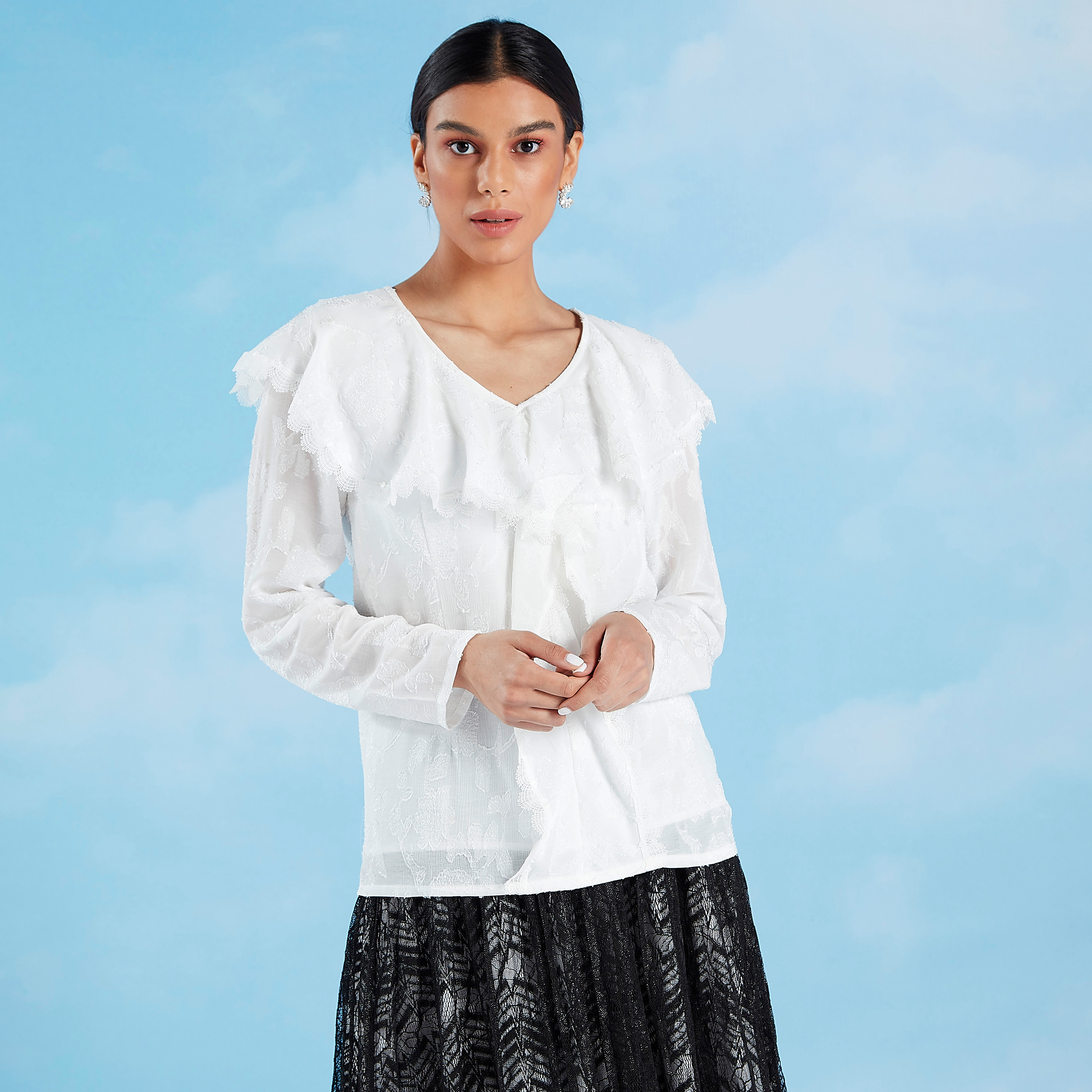 Lace Top with V-neck and Long Sleeves-women-clothing-shirtsandblouses-blouses-image-1