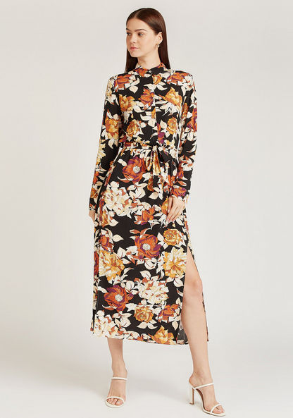 Floral Print Midi Shift Dress with Tie Ups and Side Slit