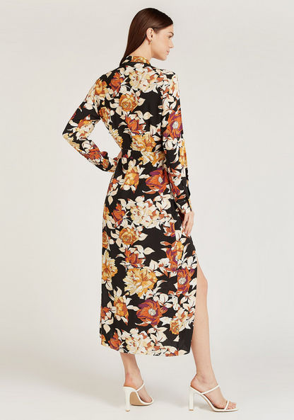 Floral Print Midi Shift Dress with Tie Ups and Side Slit