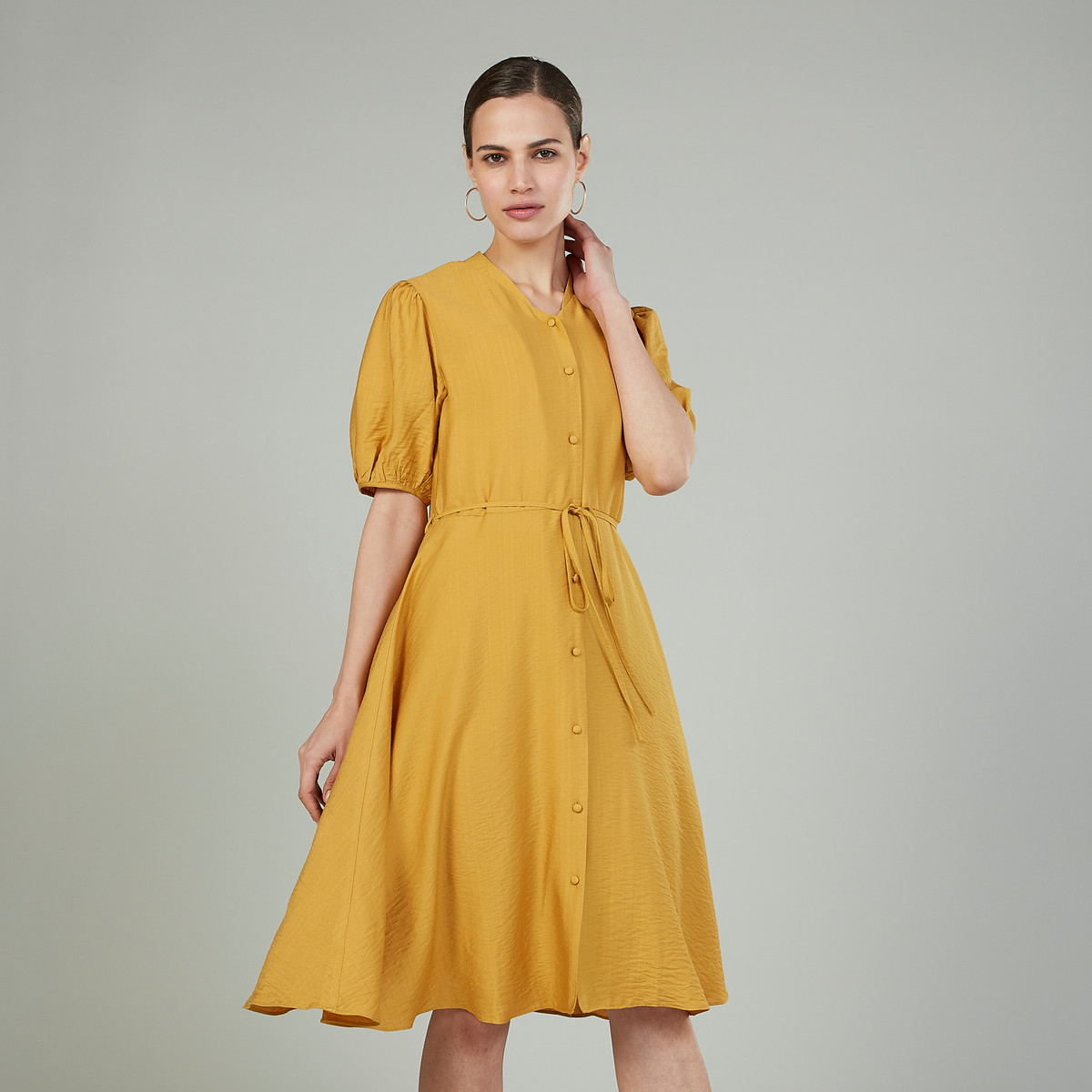 Shop Plain Midi Shirt Dress with Short Sleeves and Tie Ups Online ...