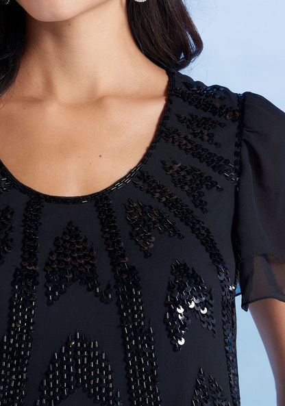 Embellished Top with Scoop Neck and Flared Sleeves