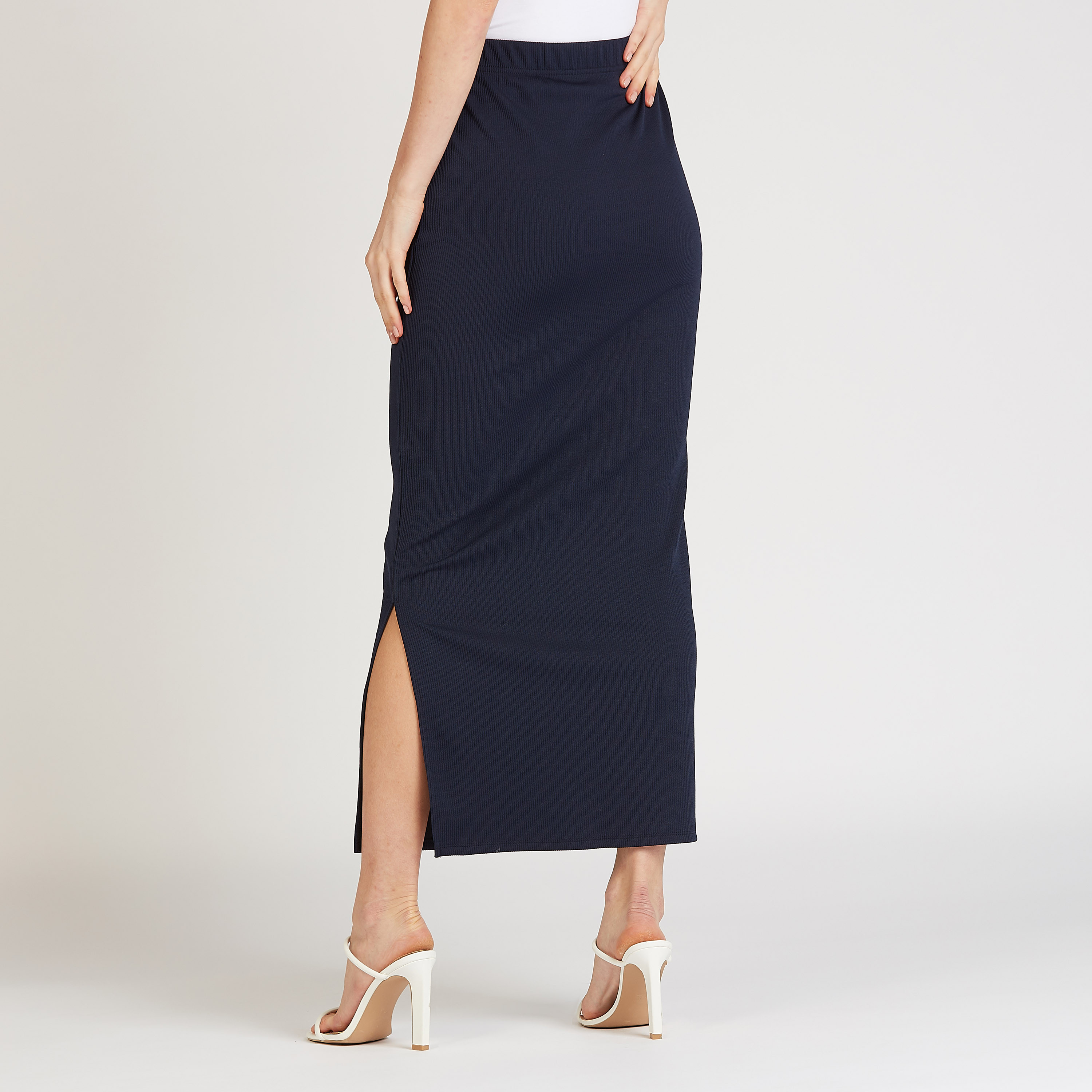 Ribbed Detail Formal Pencil Maxi Skirt with Side Slit