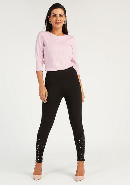 Solid Skinny Fit Mid-Rise Treggings with Elasticised Waistband and Embellished Detail