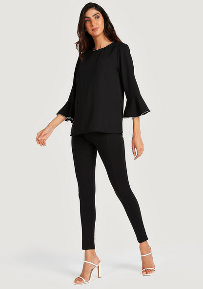 Textured Crew Neck Top with Flared Sleeves