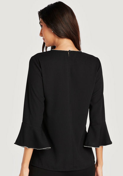 Textured Crew Neck Top with Flared Sleeves