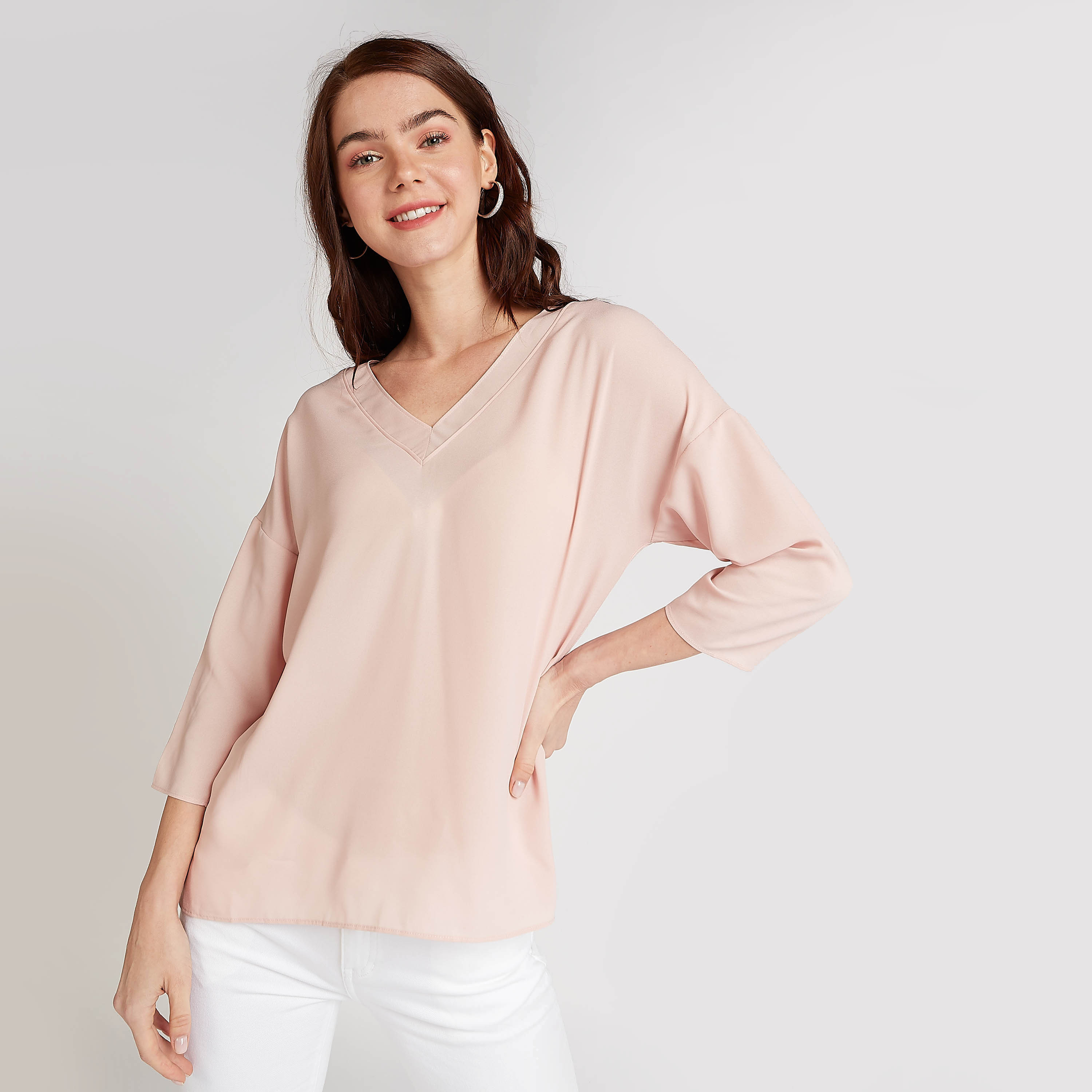 Sustainable Plain Top with V-neck and 3/4 Sleeves-women-clothing-shirtsandblouses-blouses-image-1