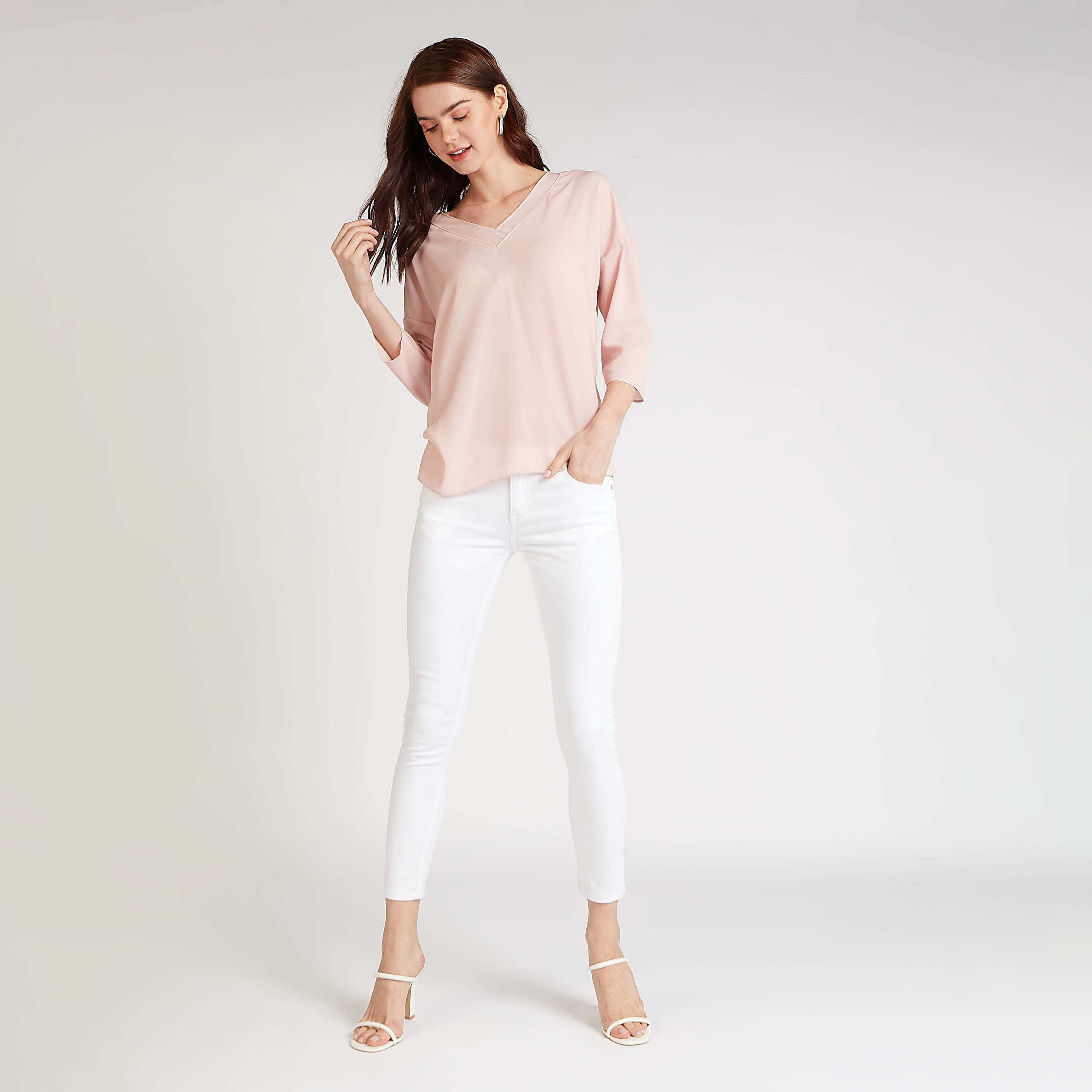 Sustainable Plain Top with V-neck and 3/4 Sleeves-women-clothing-shirtsandblouses-blouses-image-2