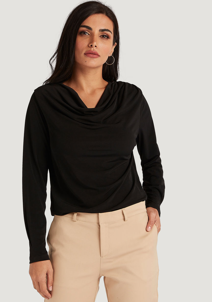 Solid Cowl Neck Top with Long Sleeves-Shirts & Blouses-image-0
