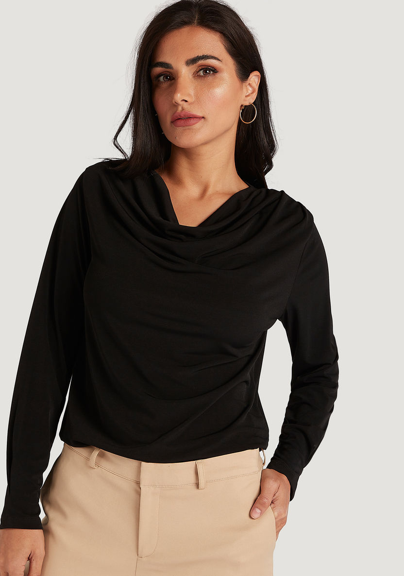 Solid Cowl Neck Top with Long Sleeves-Shirts & Blouses-image-5