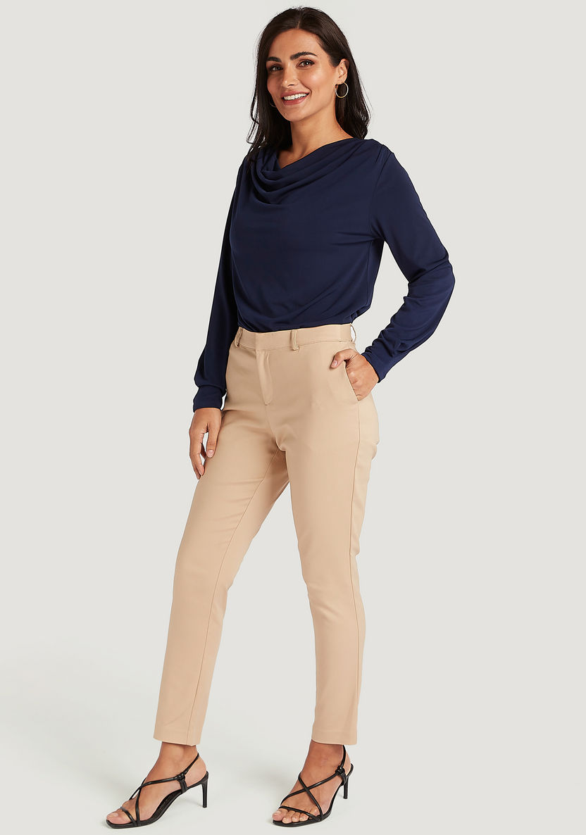 Solid Cowl Neck Top with Long Sleeves-Shirts & Blouses-image-1