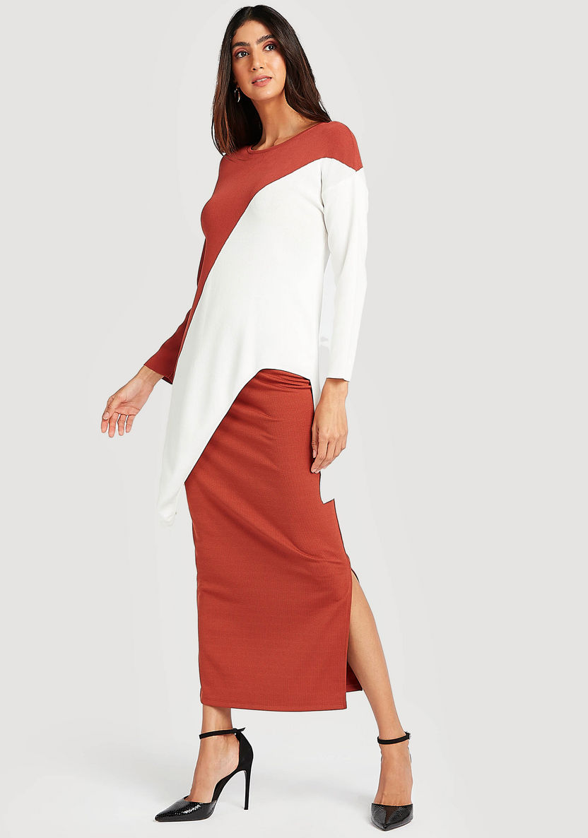 Cut and Sew Top with Asymmetric Hem and Long Sleeves-Shirts and Blouses-image-1