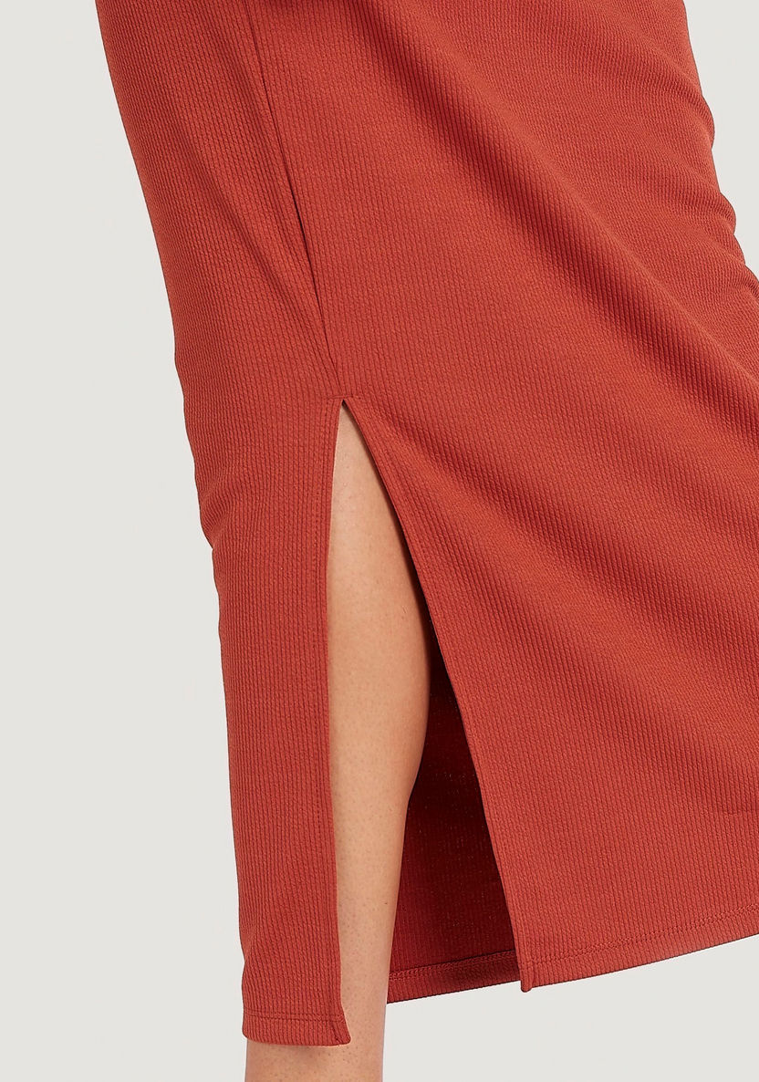 Ribbed Pencil Fit Midi Skirt with Elasticated Waistband-Skirts-image-4