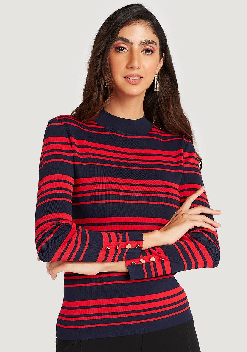 Striped High Neck Sweater with Long Sleeves-Sweaters-image-0