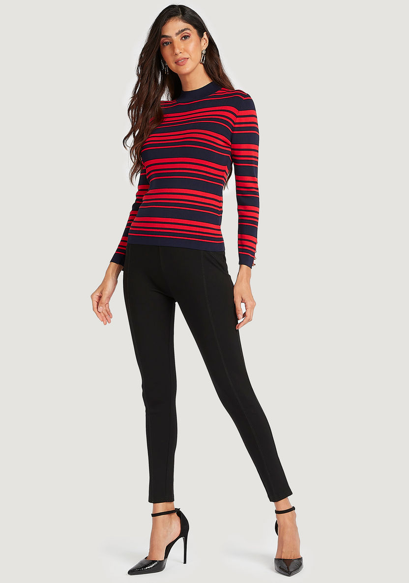Striped High Neck Sweater with Long Sleeves-Sweaters-image-1