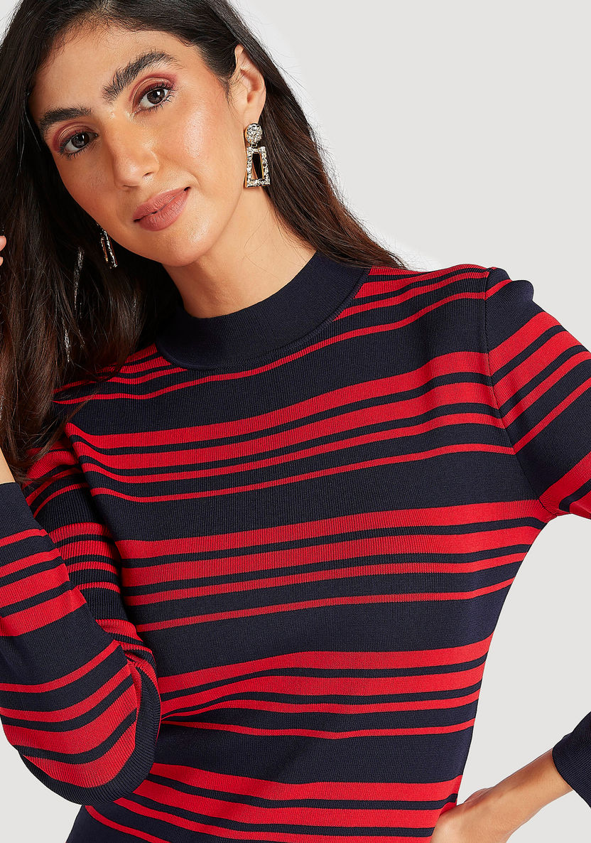 Striped High Neck Sweater with Long Sleeves-Sweaters-image-2