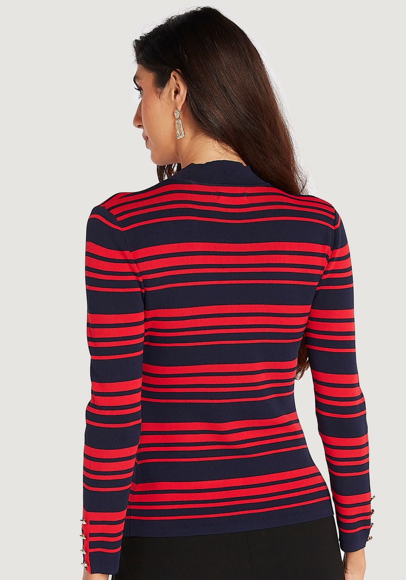 Striped High Neck Sweater with Long Sleeves-Sweaters-image-3