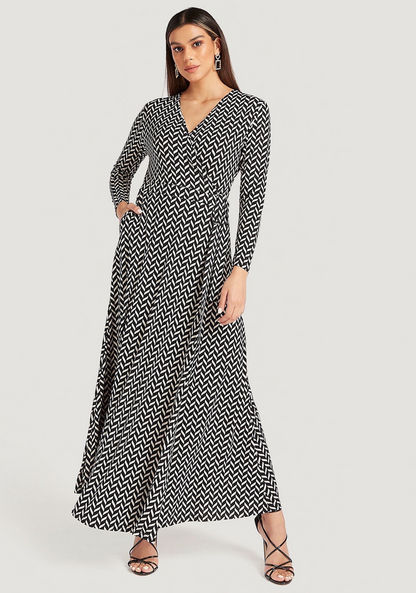 Printed Maxi A-line Dress with Long Sleeves and Pockets
