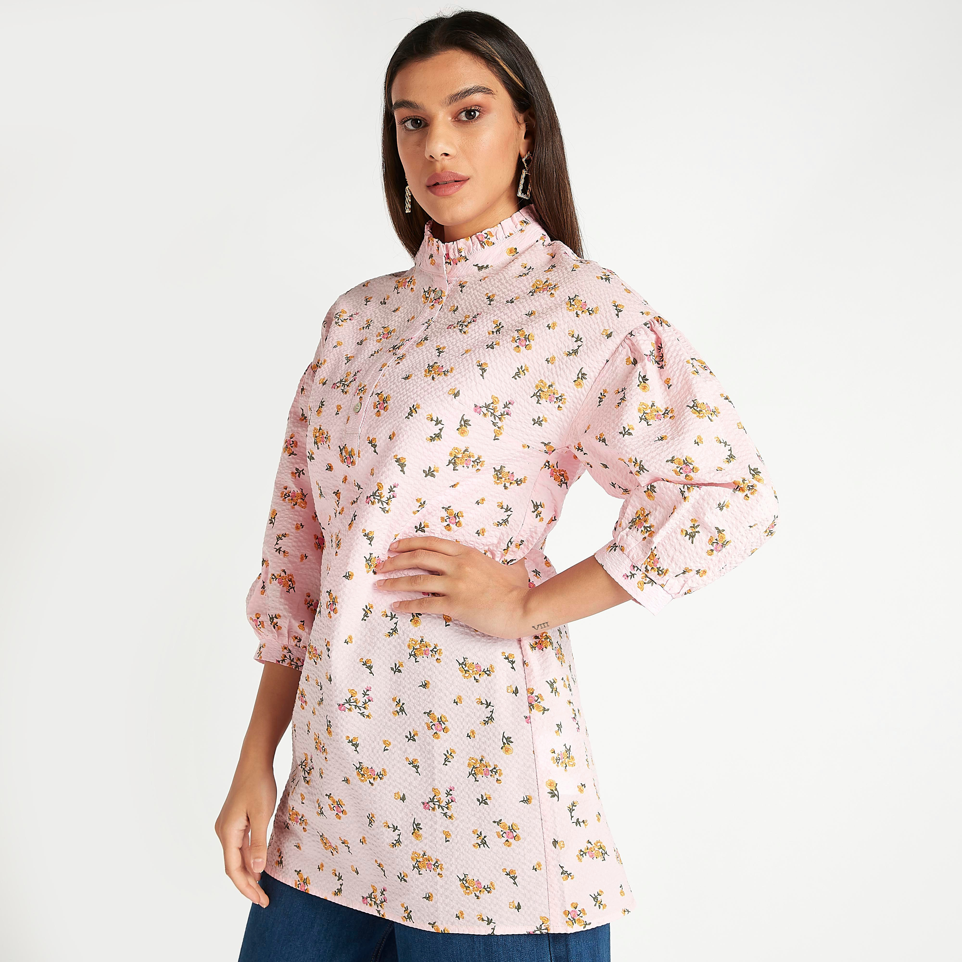 Buy Floral Print High Neck Longline Shirt with 3 4 Sleeves Splash UAE