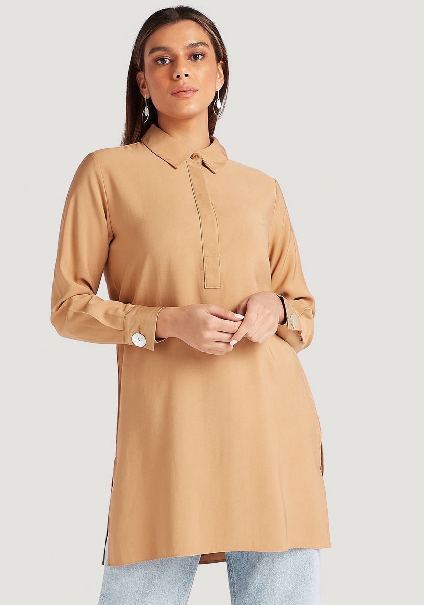 Solid Collared Tunic with Long Sleeves-Tunics-image-0