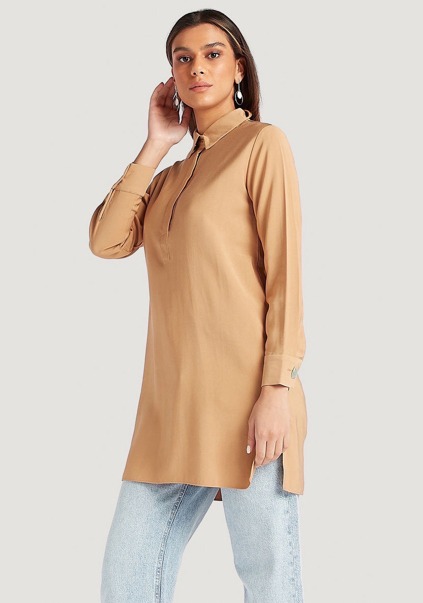 Solid Collared Tunic with Long Sleeves-Tunics-image-4