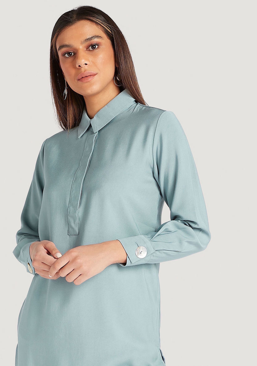 Solid Collared Tunic with Long Sleeves-Tunics-image-1