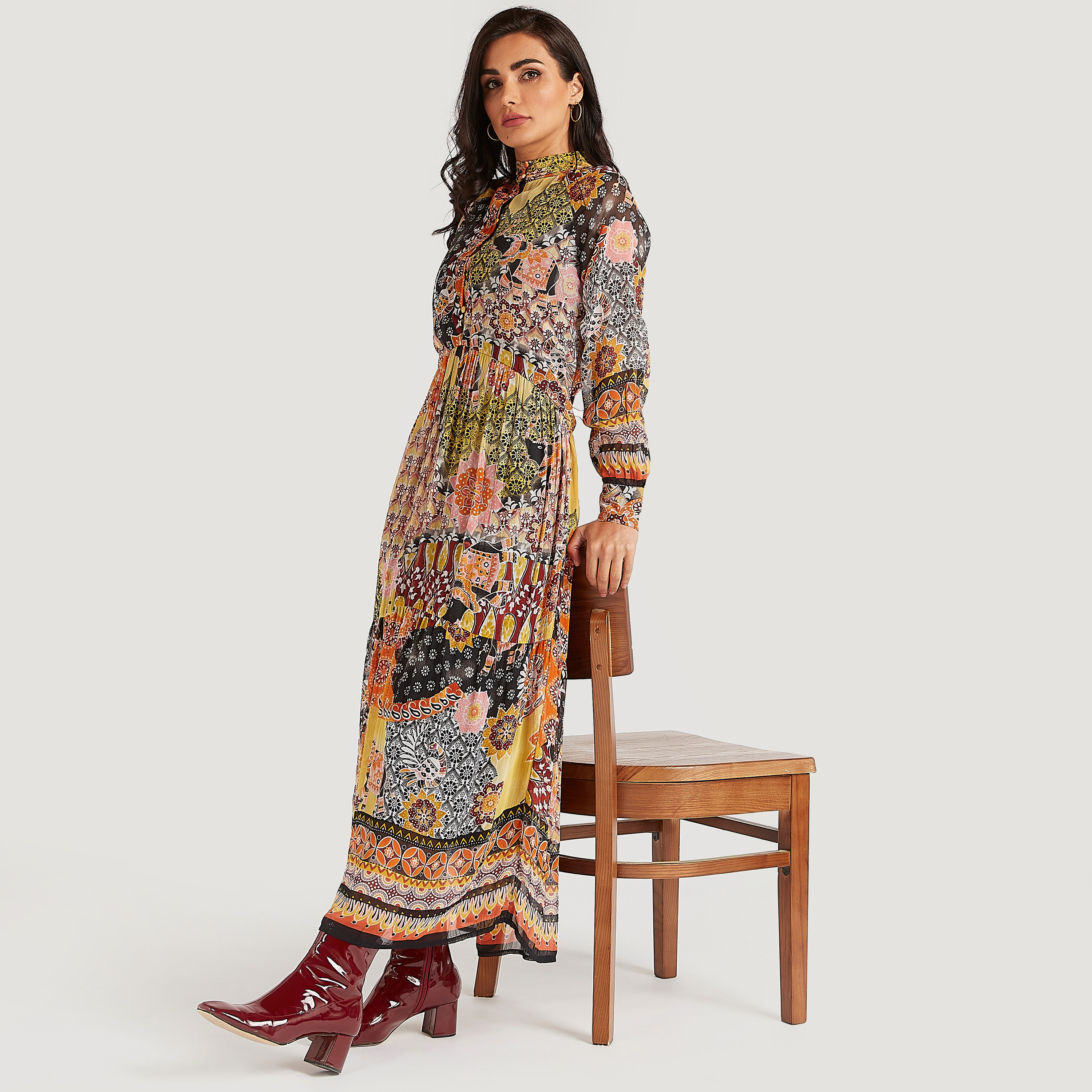 Shirred waist scarf print maxi clearance dress