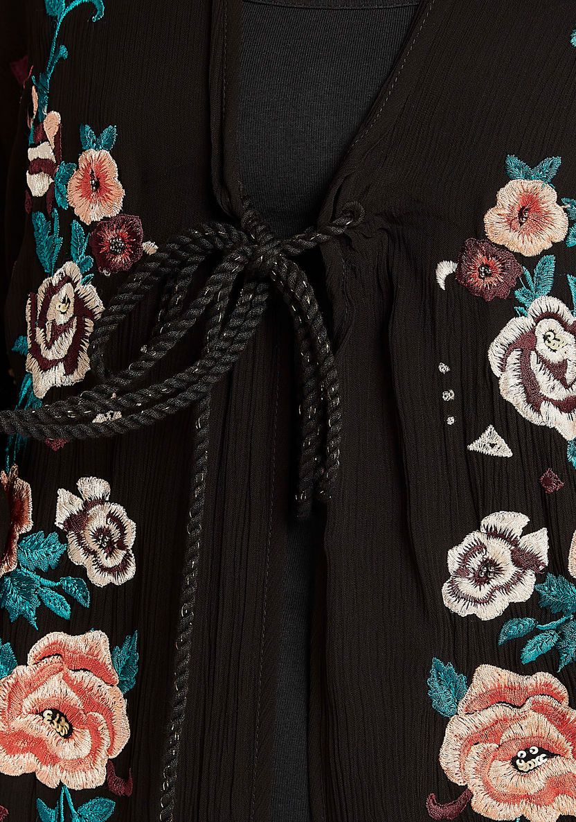 Embroidered Lightweight Kimono with Tasselled Tie-Ups-Kimonos-image-4