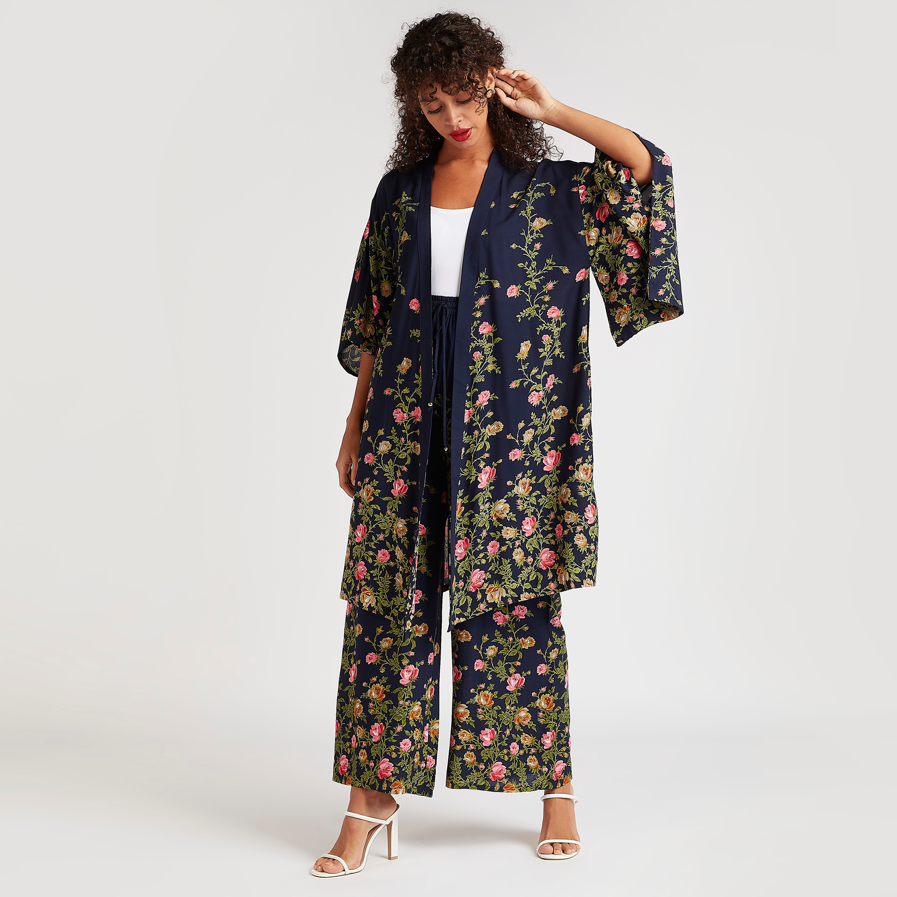 Shop Floral Print Longline Kimono with Pockets Online Splash UAE