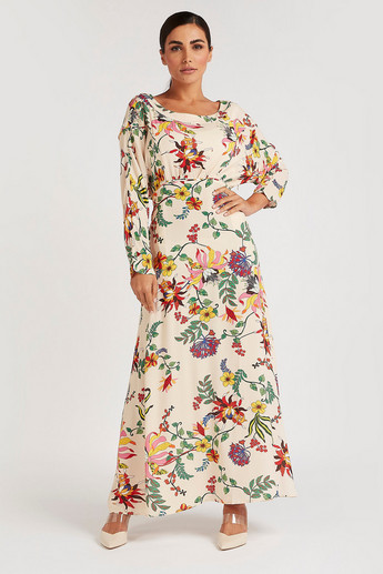 Sustainable Floral Print Maxi A-line Dress with Long Sleeves