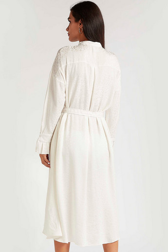 Sustainable Textured Midi Shirt Dress with Long Sleeves and Belt