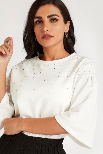 Sustainable Embellished Crew Neck Top with Flared Sleeves