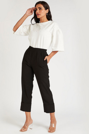 Sustainable Embellished Crew Neck Top with Flared Sleeves