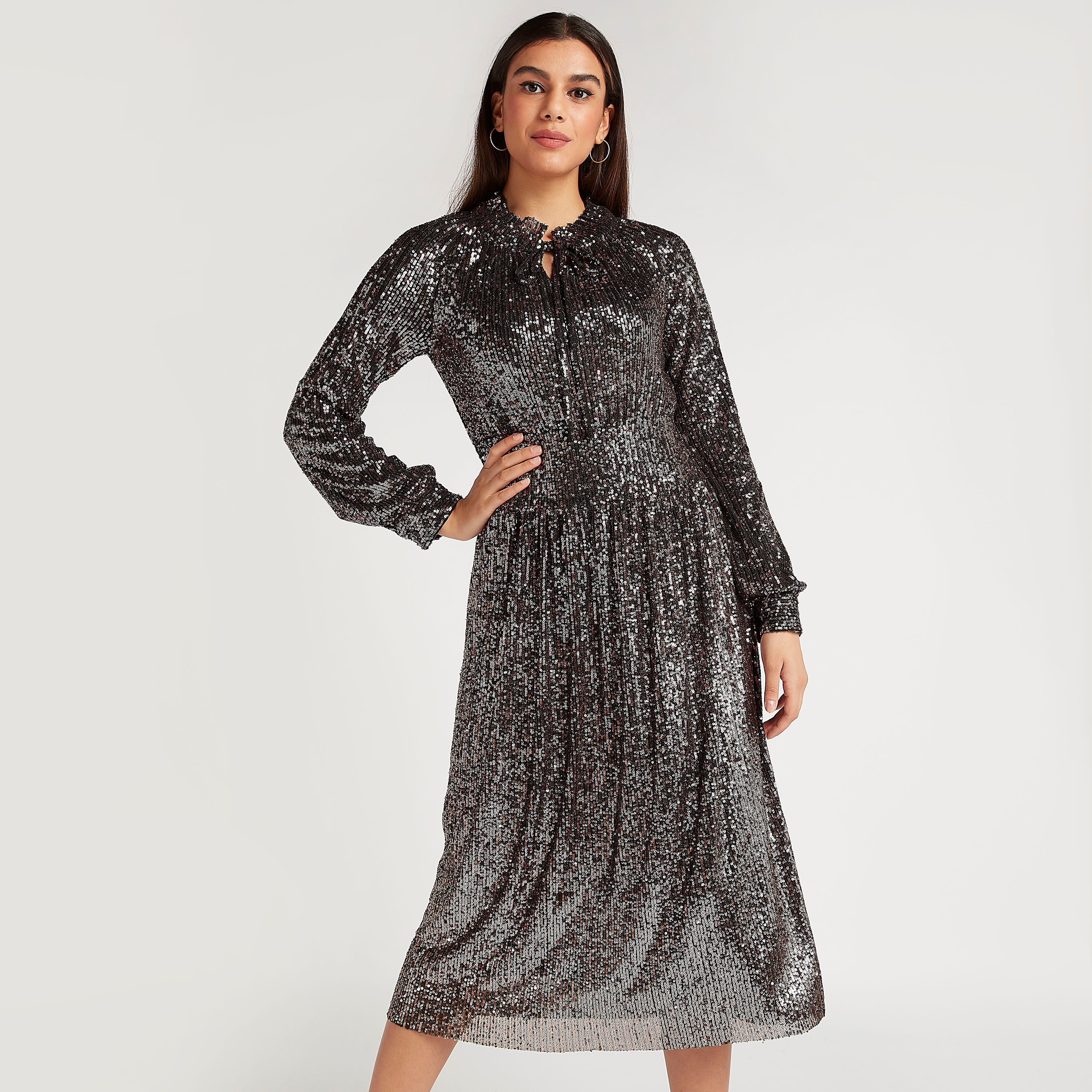 Buy Embellished Midi A line Dress with Tie Up Neck and Long Sleeves Splash UAE