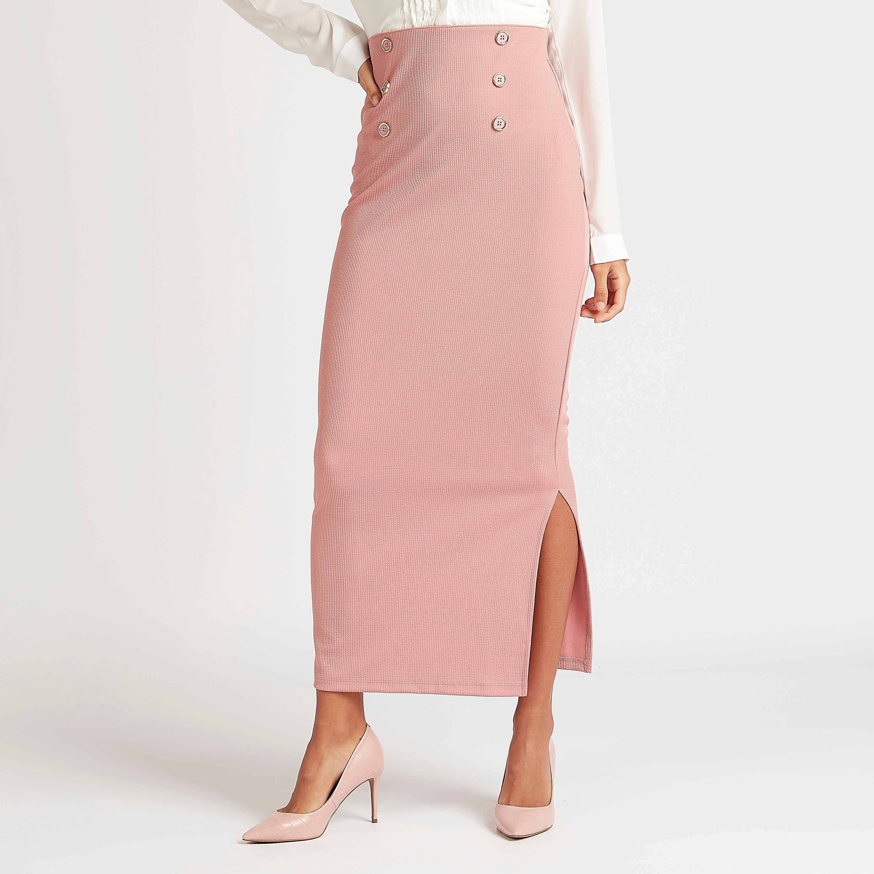 Buy Textured Pencil Fit Maxi Skirt with Button Accents Splash Bahrain