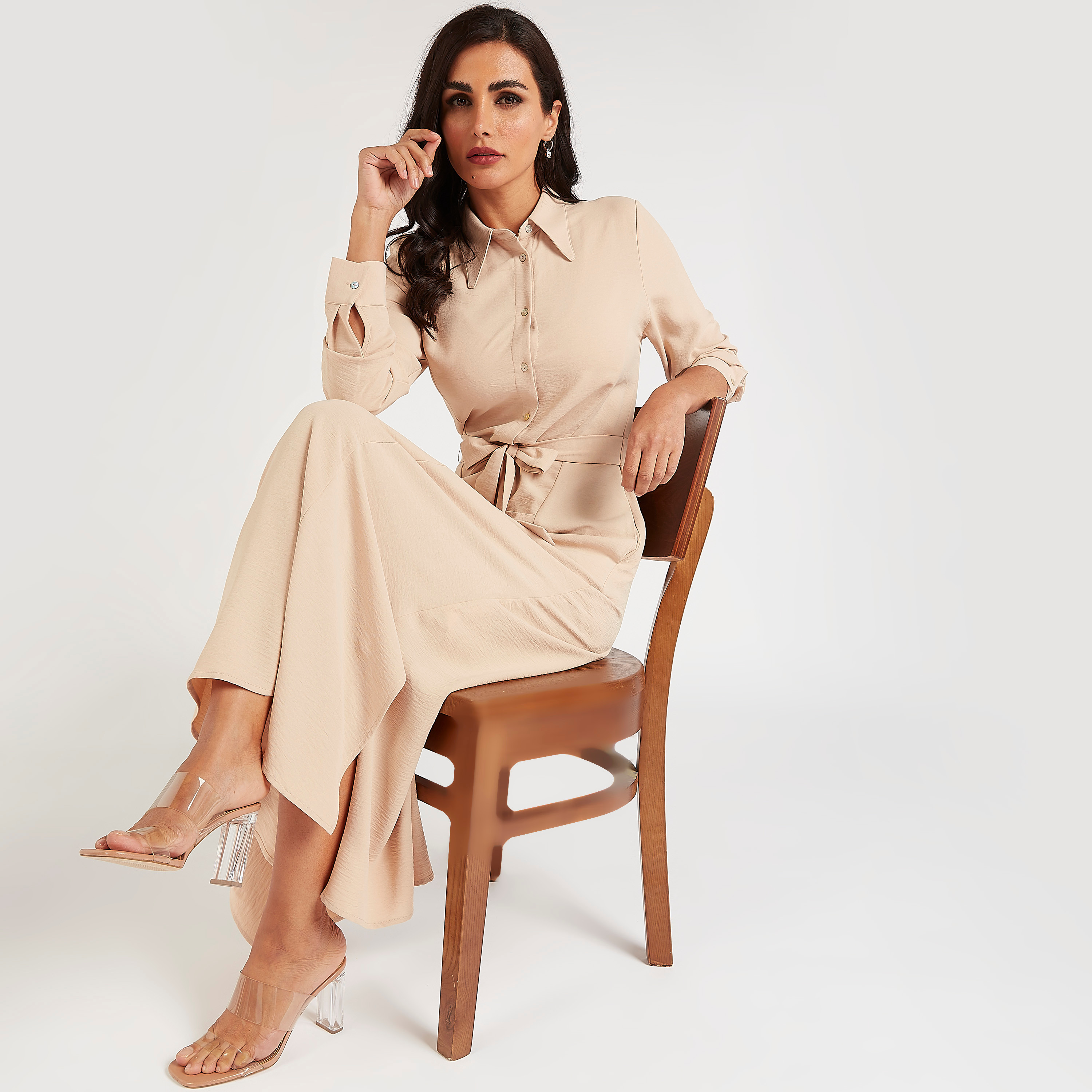 Textured Collared Maxi Shirt Dress with Tie-Up and Slit-women-clothing-dresses-image-2