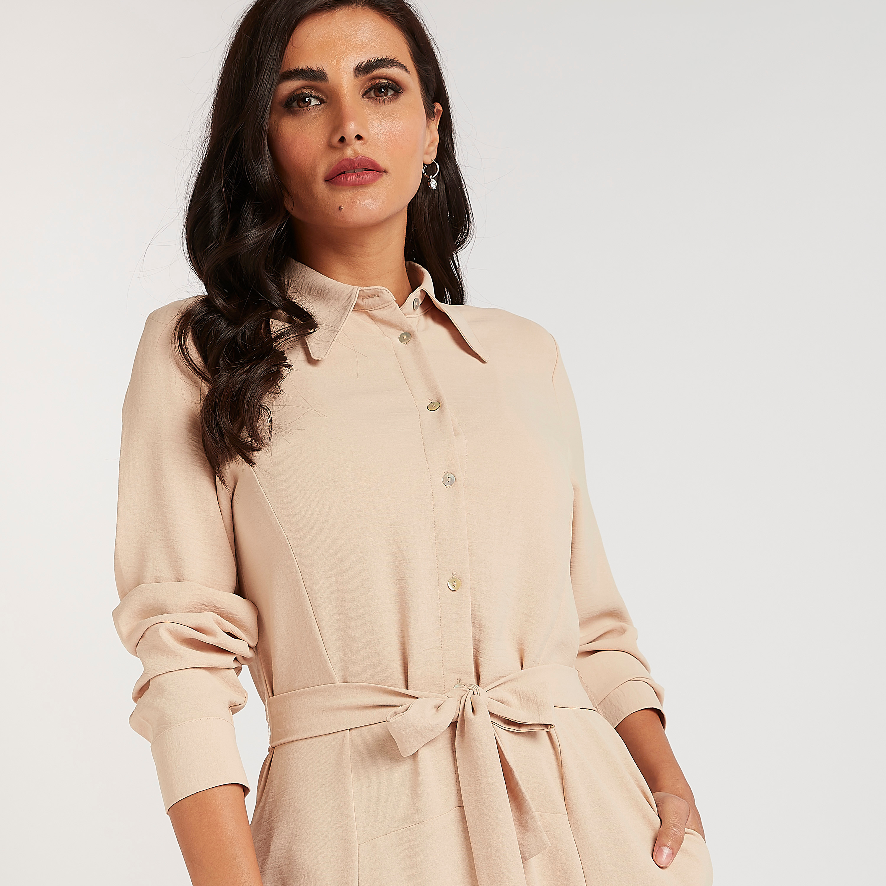 Textured Collared Maxi Shirt Dress with Tie-Up and Slit-women-clothing-dresses-image-3